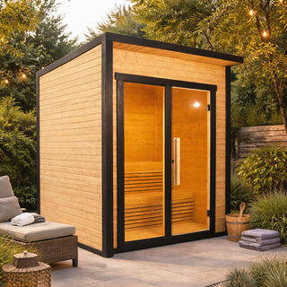 Firkantet sauna i Thermowood inkl. 9kW ovn (6-8 personer)