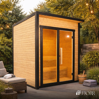 Firkantet sauna i Thermowood inkl. 9kW ovn (6-8 personer)